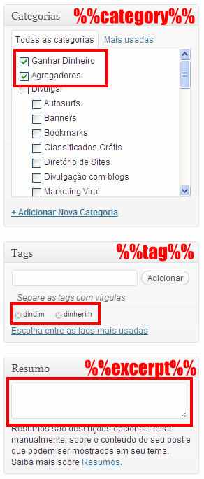 Categorias, tags e resumo (excerpt) no editor de post do WordPress campos categorias tags resumo editor post wordpress excerpt