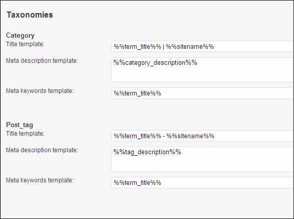 Seção taxonomia das configurações de títulos do WordPress SEO da Yoast wordpress seo yoast taxonomia
