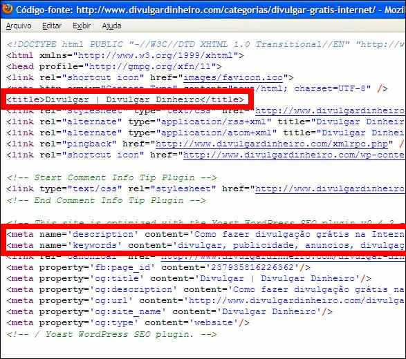 Código fonte HTML mostrando a formatação de título e descrição pelo plugin WordPress SEO da Yoast wordpress seo yoast plugin codigo fonte categorias