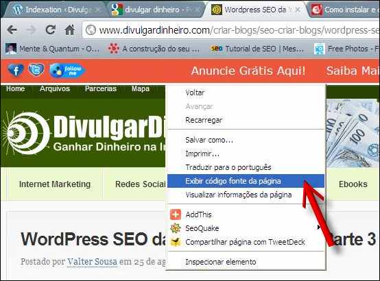 Menu popup para visualizar o código fonte de suas páginas código fonte wordpress seo googlebot