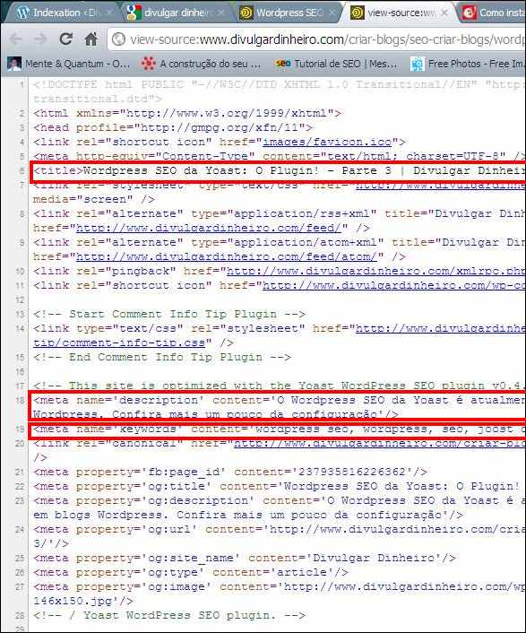 Código HTML da página mostrando as meta-tags título, descrição e palavras-chave wordpress seo yoast html meta-tags título descrição palavras-chave