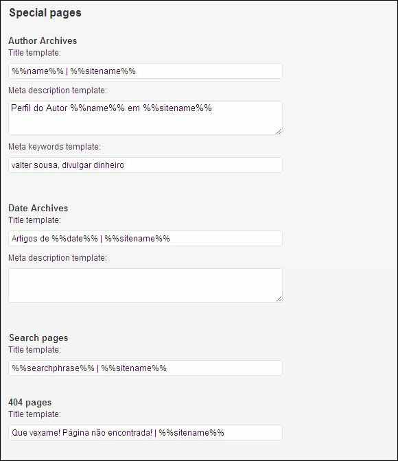 Configuração de títulos e descrições das páginas especiais pelo plugin WordPress SEO da Yoast configuracoes títulos descrições páginas autor, arquivos, pesquisa, 404
