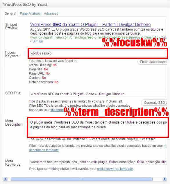 Palavra-chave primária (Focus Keyword) e descrição para o plugin WordPress SEO da Yoast focus keyword description descricao wordpress seo yoast