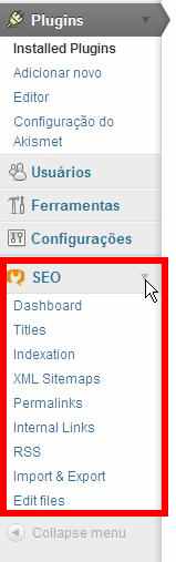 Menu do WordPress SEO by Yoast no Dashboard menu esquerdo plugin wordpress seo yoast