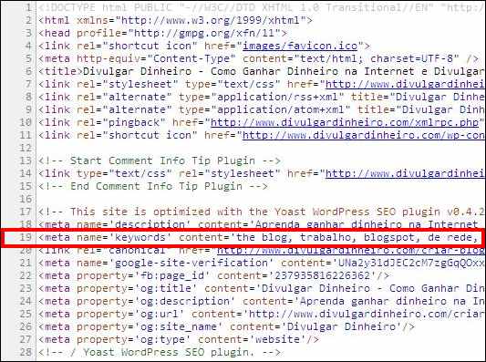Posição das meta-keywords no cabeçalho do código HTML da página meta-keywords cabeçalho header