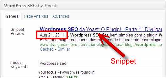 O snippet e a data dentro do anúncio de seu artigo no Google snippet google anúncio data wordpress seo