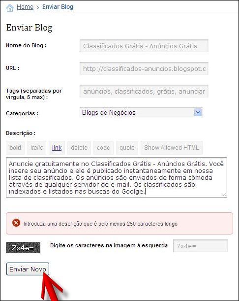 Formulário de inserção de blog no Divulgar Blogs formulário inserir blog divulgar blogs