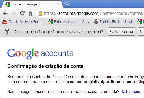 Mensagem de confirmação de criação de conta Google mensagem criar confirmar nova conta google