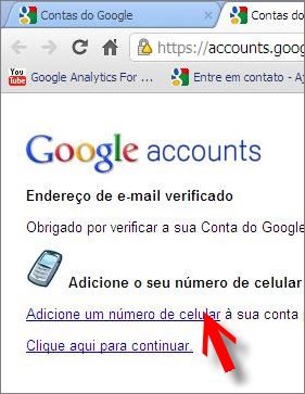 Link para informar celular e e-mail alternativo para o Google Accounts link celular email alternativo google accounts