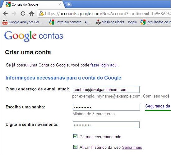 Formulário para criação de nova conta do Google formulário criar nova conta google