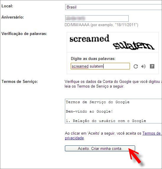 Formulário de criação de nova conta Google - Parte 2 formulario criar nova conta google 2
