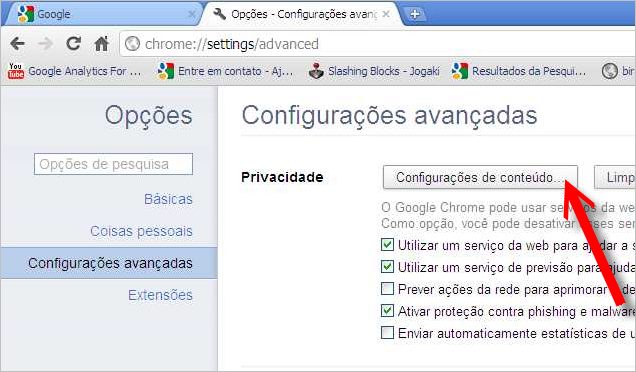 configuracoes conteudo google chrome