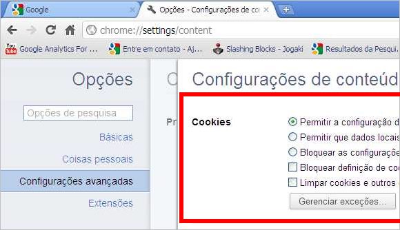 gerenciar cookies google chrome