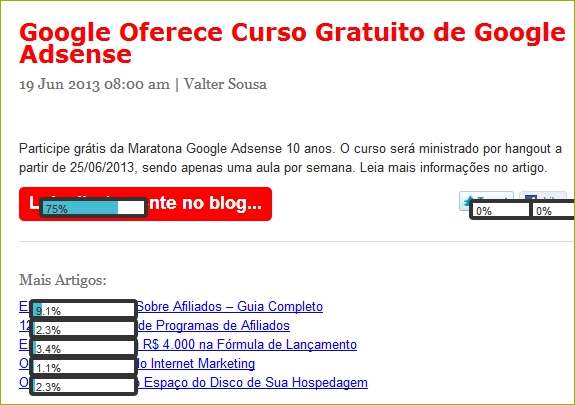 O Maichimp oferece estatísticas de cliques in-page, isto é, que mostra as porcentagens de cliques graficamente. clickmap maichimp estatistica